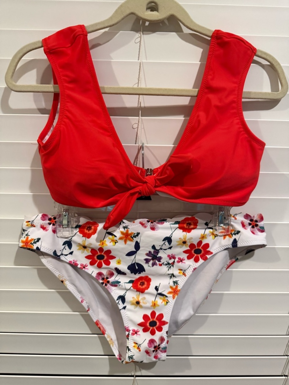 Cupshe Red Tie-Front Bikini Top with White Floral Bottoms